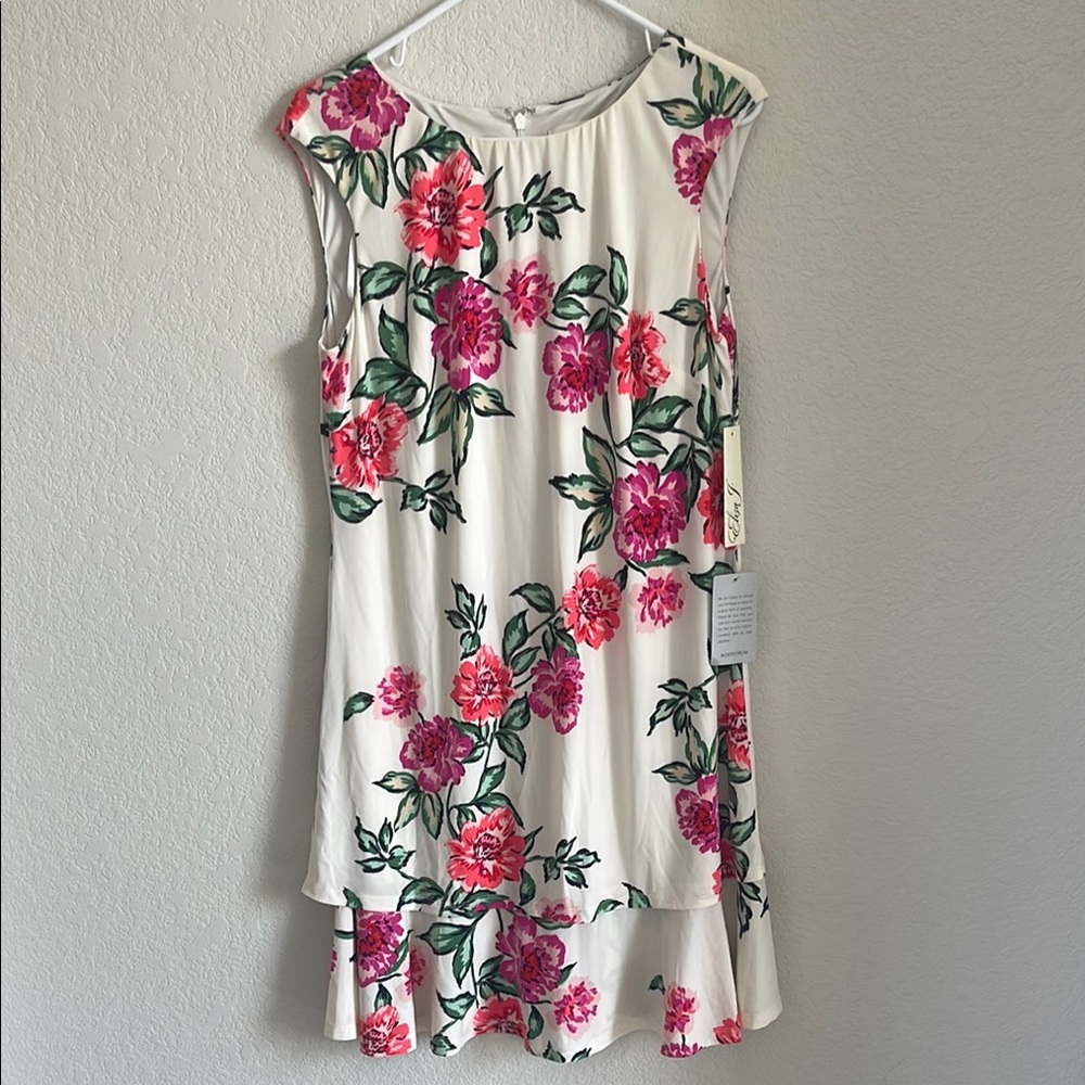 Eliza J Floral Mini Dress - Cream with Pink and Green